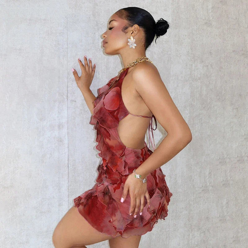 Botanical Ruffle Halter Backless Mini Dress