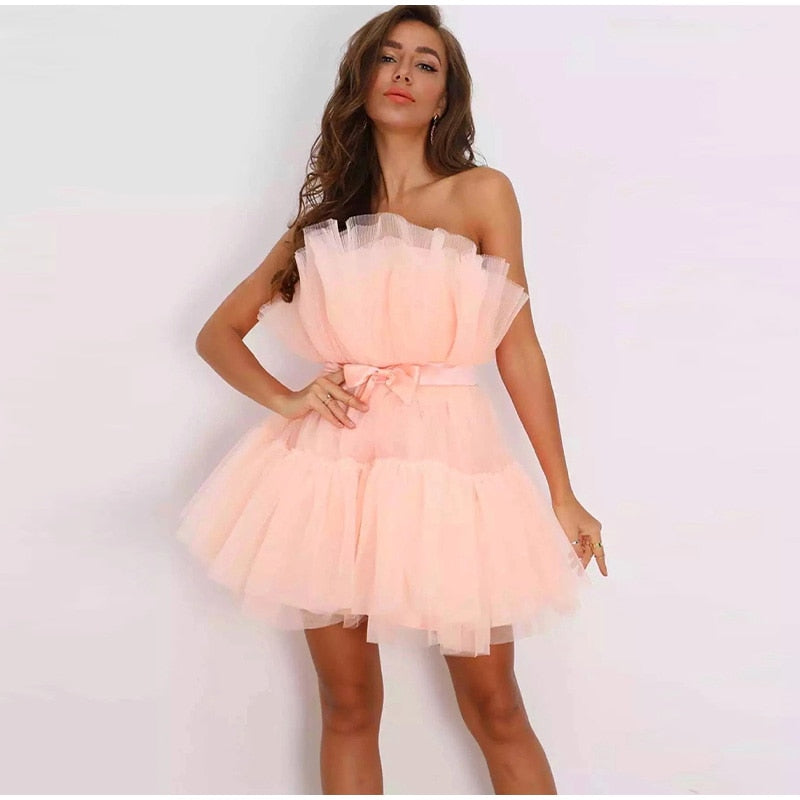 Kissnovaa - Off Shoulder Mesh Tutu Dress Bodycon Lace Short Dress