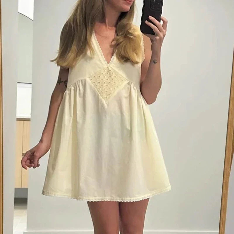 Trim Lace V Neck Flowy ALine Mini Dress