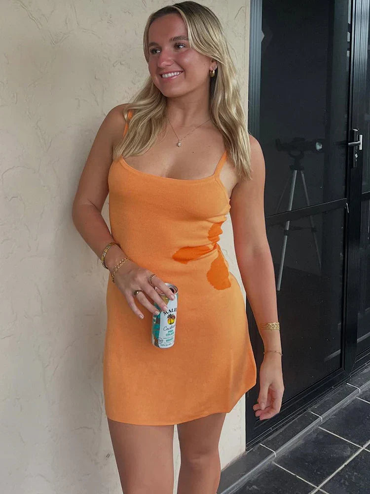 Print Knit Backless Spaghetti Mini Dress