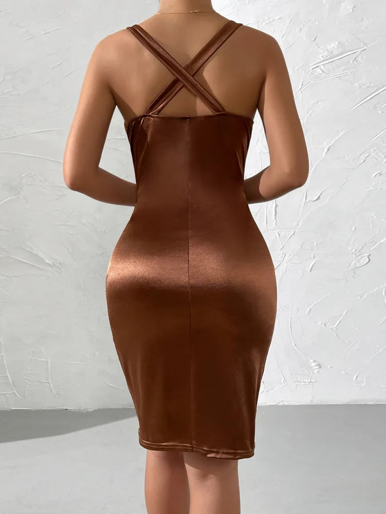 Deep Satin V Neck Ruched Midi Dress