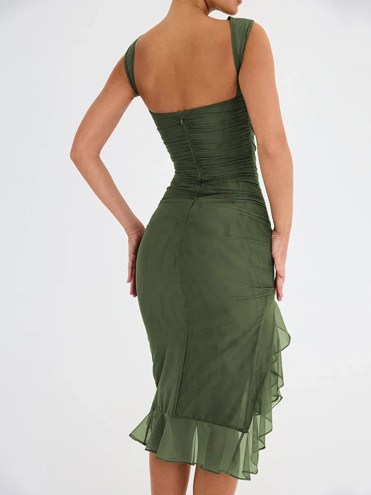 Ruched Ruffle Midi Dress