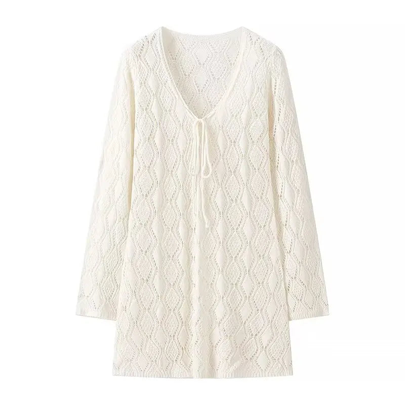 Solid Hollow Out Knitted Beach Dress Women V Neck Long Sleeve Lace up Vestidos Summer Alluring Fashion Holiday Mini Dresses