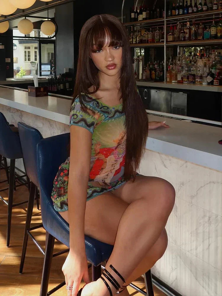 Mesh Y2K Print Crew Neck Mini Dress