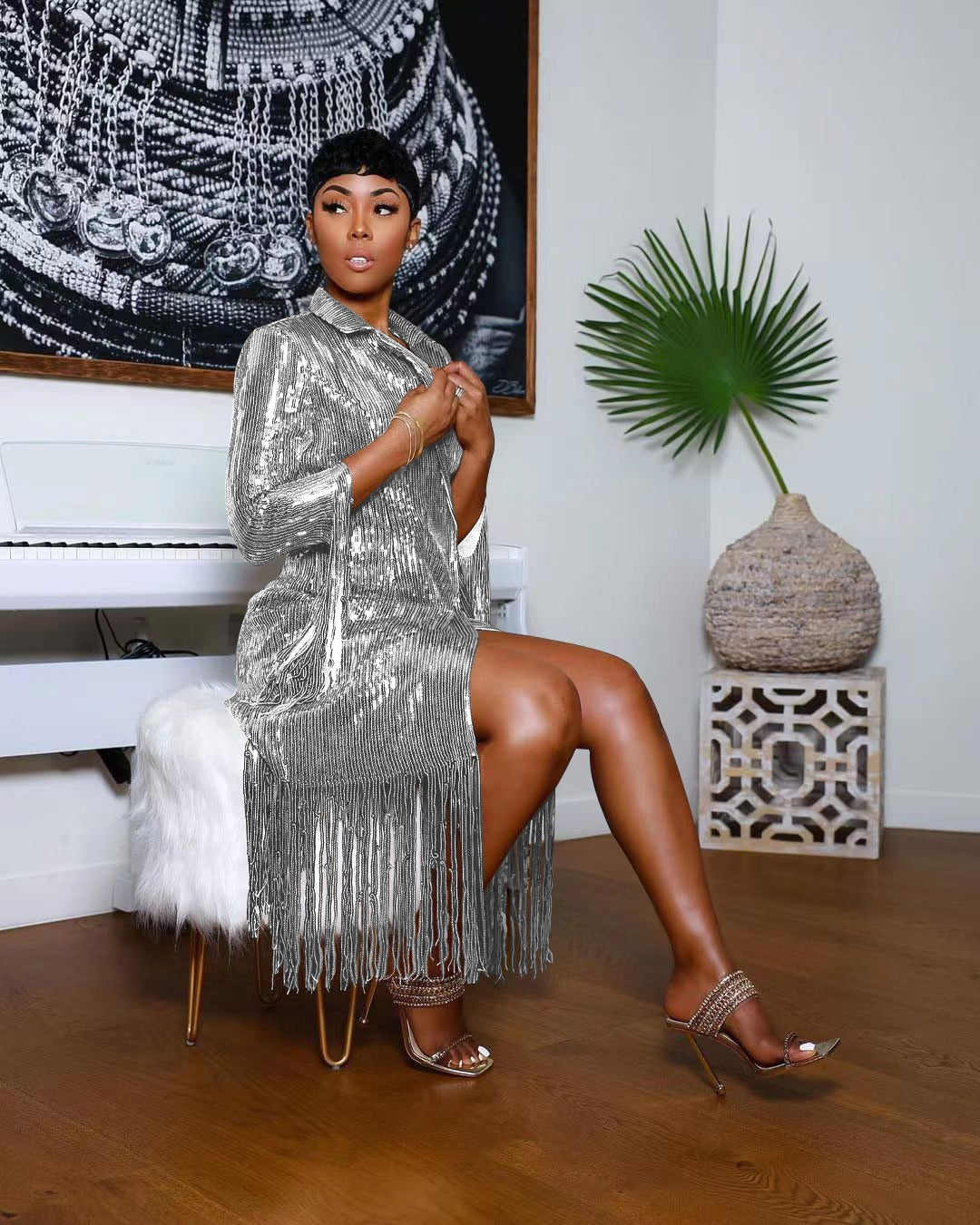 Kissnovaa - Solid Notched Tassel Sequin Decoration Knee Length Dress