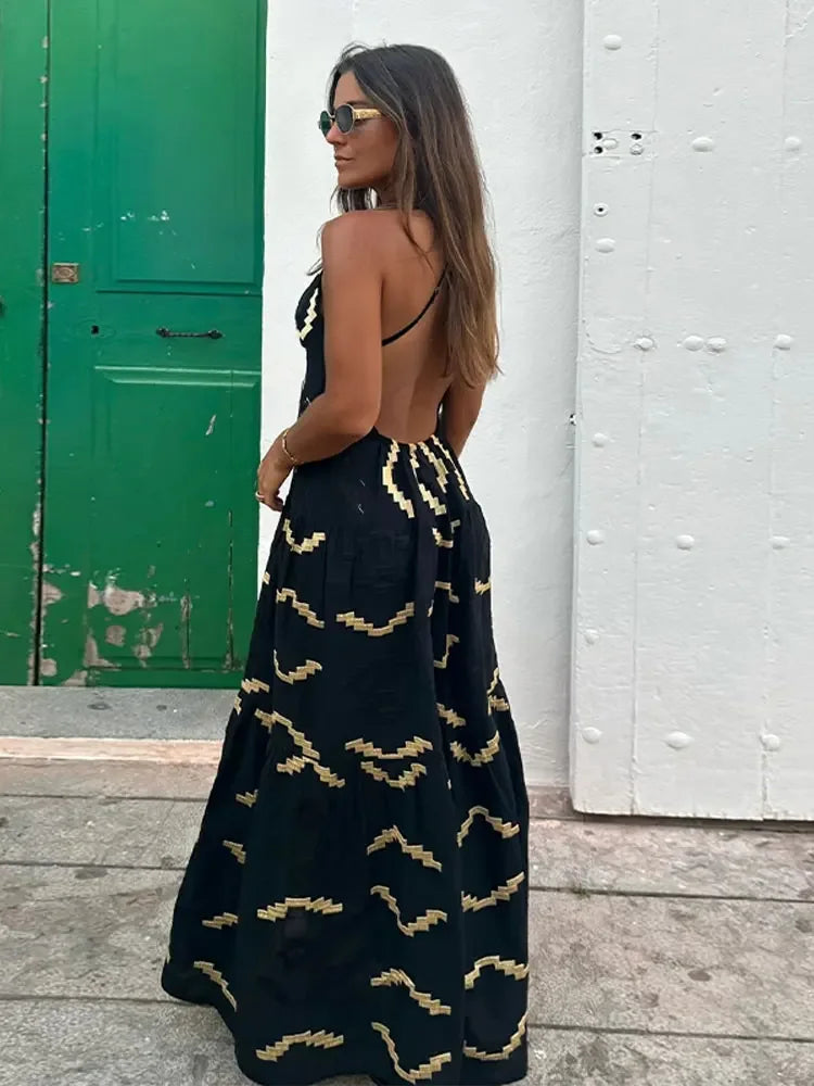 Stylish Backless Women Print Halter Maxi Dress Fashion Deep V neck High Waist Split Dresses Summer Lady Loose High Street Robe