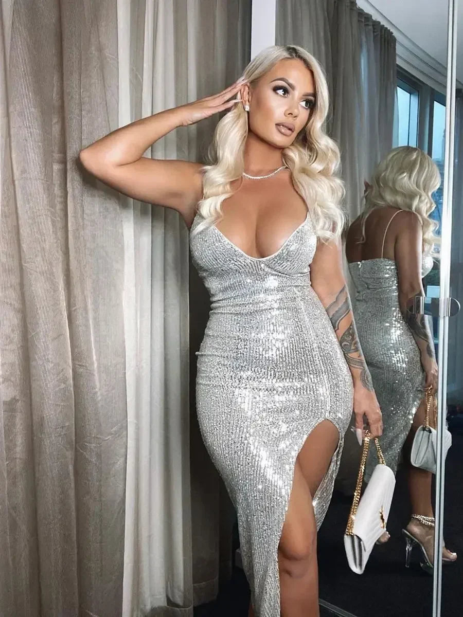 Deep Sequin V Split Bodycon Midi Dress