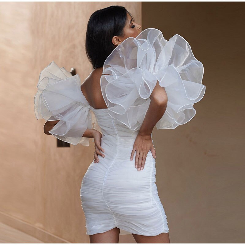 Kissnovaa - Mesh Ruffle Sleeve Tube Backless Bodycon Dress