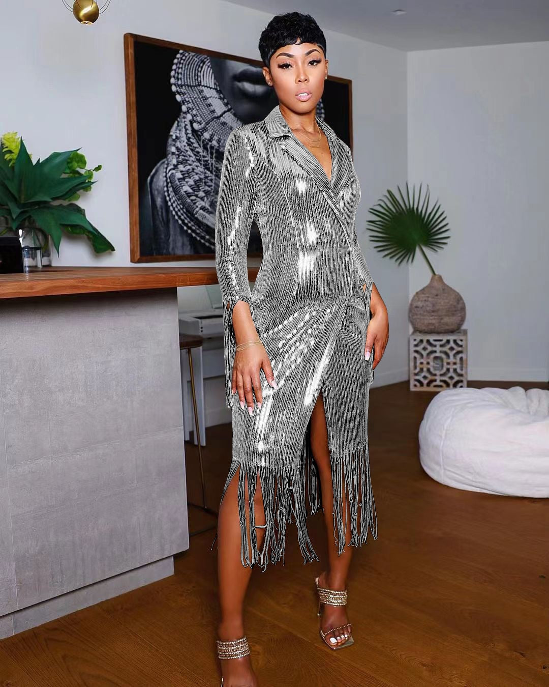 Kissnovaa - Solid Notched Tassel Sequin Decoration Knee Length Dress