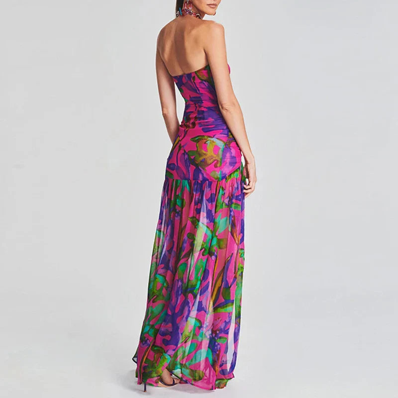 Strapless Printed Pleated Midi Dress