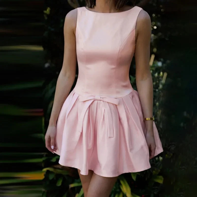 Backless Bow Pleated Sleeveless Mini Dress