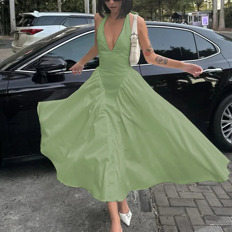 Deep Backless V Spliced Long Midi Dress