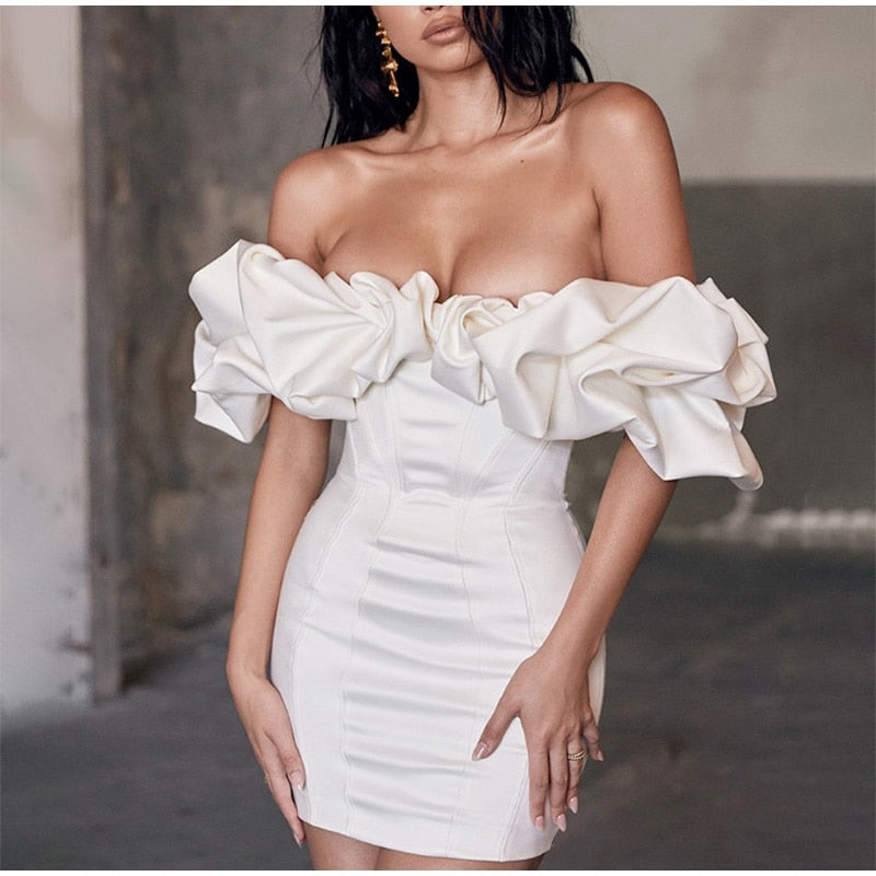 Kissnovaa - Solid Fishbone Off Shoulder Ruffled One-shoulder Mini Dress