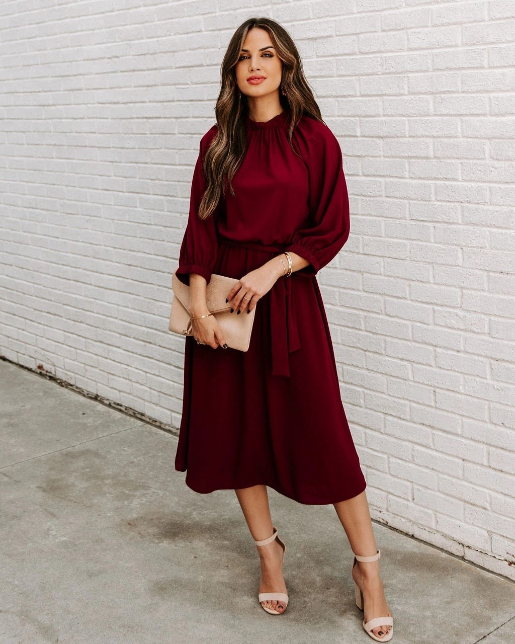 Refined Office Dress Formal Loose Green Long Sleeve Belt ALine Midi Dresses