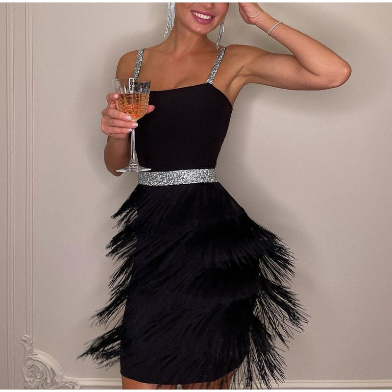 Kissnovaa - Off Shoulder Suspender Fringed Slim Dress