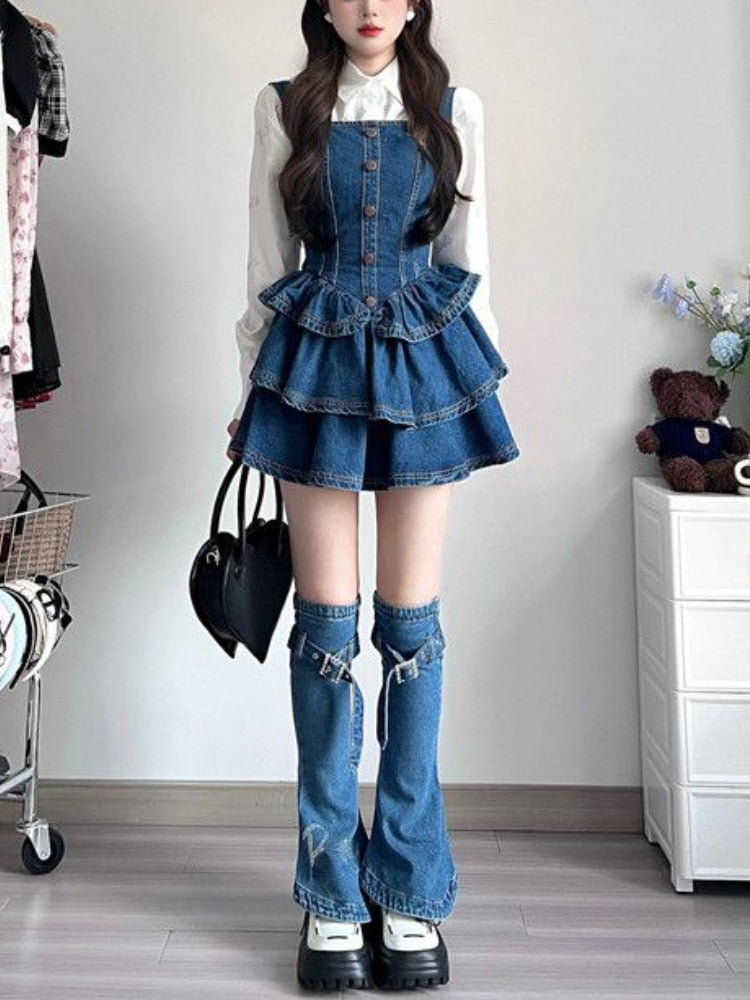 2024 Autumn Camisole Jean Dress Sleeveless Denim Slim Timeless Y2k Mini Dress Women 3 Piece Dress Set Korean Fashion Clothing