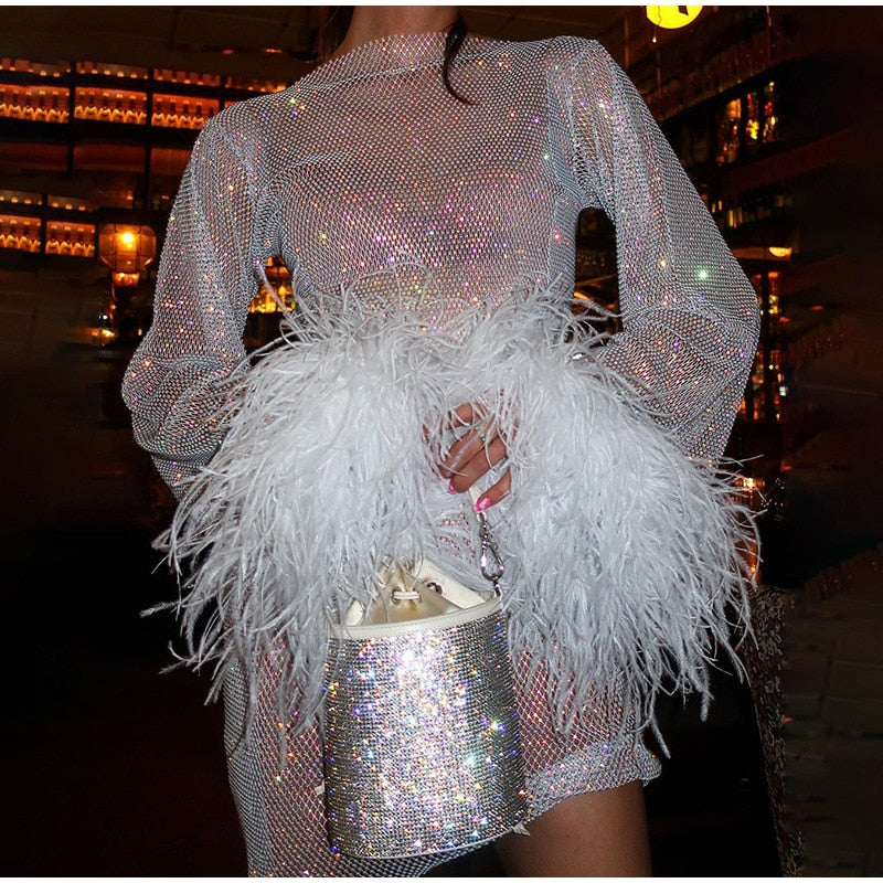 Kissnovaa - See Through Long Sleeve Shinny Sequins Club Party Outfit