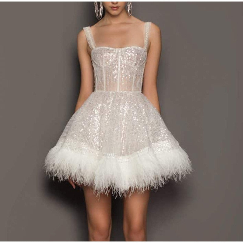 Kissnovaa - Off Shoulder Slip Feather Sequin Sleeveless Dress