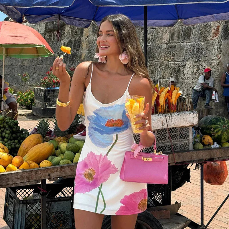 Neck O Print Strap Sleeveless Mini Dress