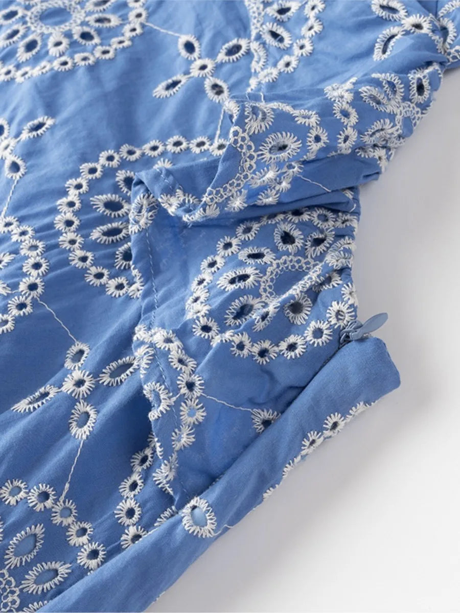 Blue Hollow Out Embroidered Midi Dress Women Summer V Neck Sleeveless Ruffle Long Dresses Refined Fashion Holiday Vestidos