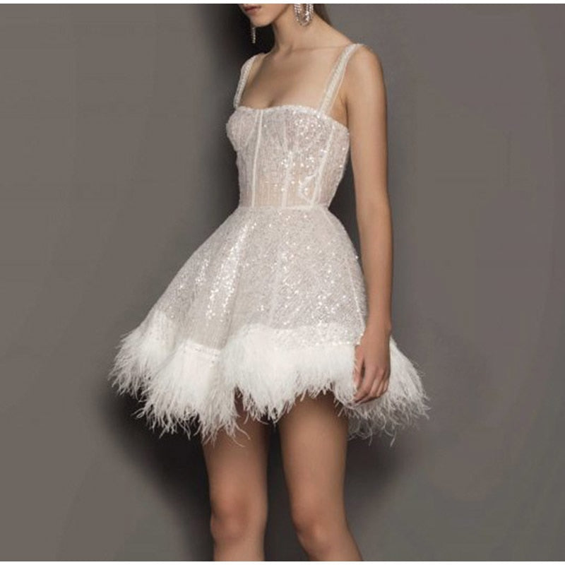 Kissnovaa - Off Shoulder Slip Feather Sequin Sleeveless Dress