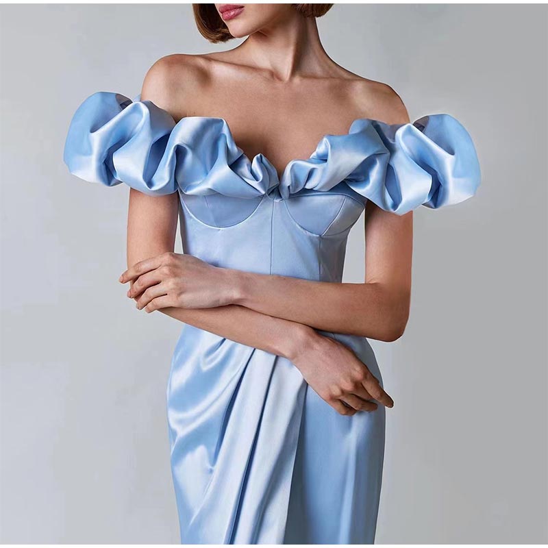 Kissnovaa - One-Shoulder Puff Sleeve Wrap Chest Slit Long Dress