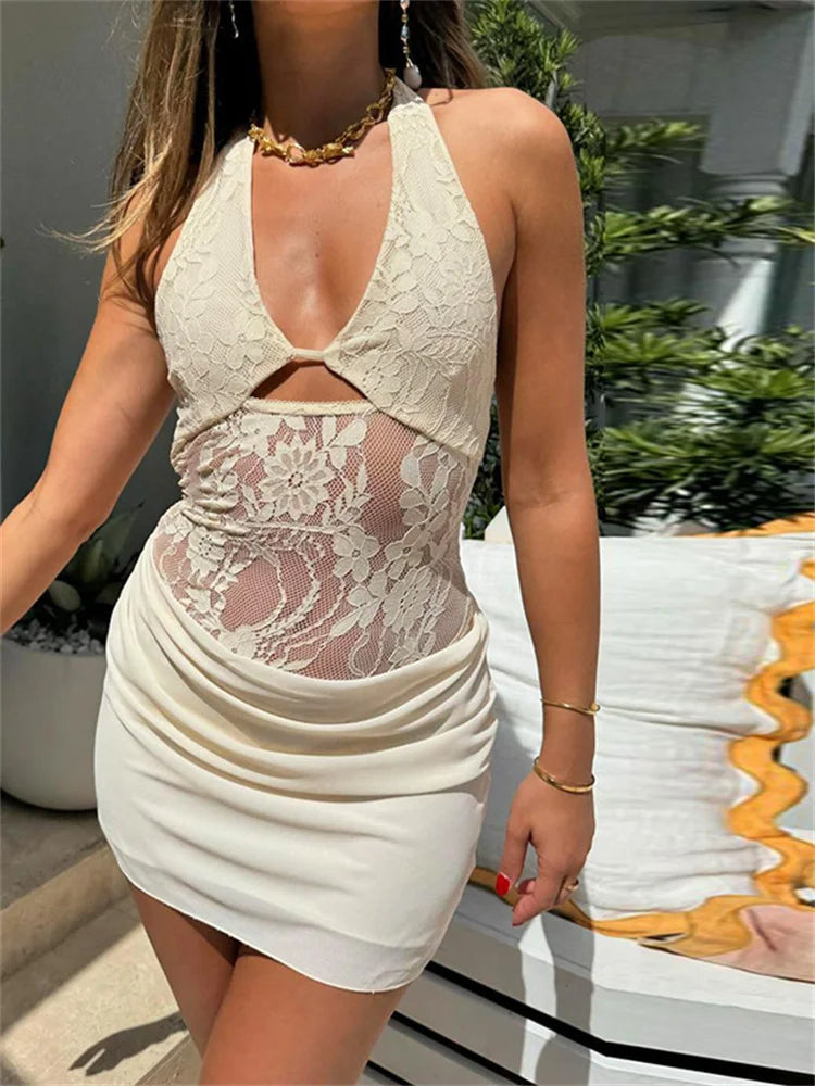 Lace Sheer Patchwork Bandage Mini Dress