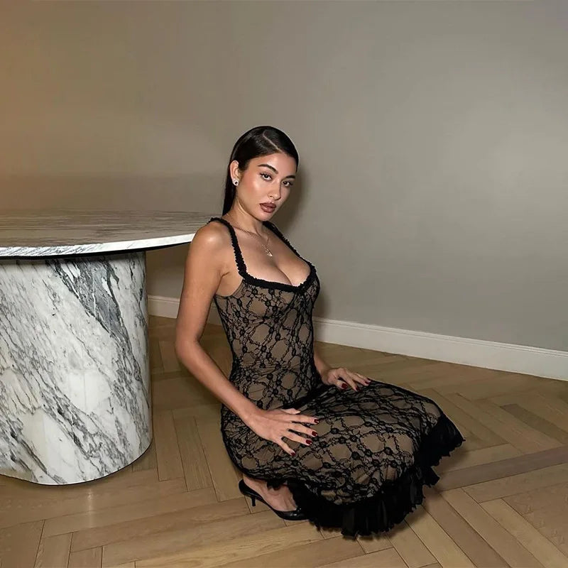 Lace Mesh Plunge Neck Midi Dress