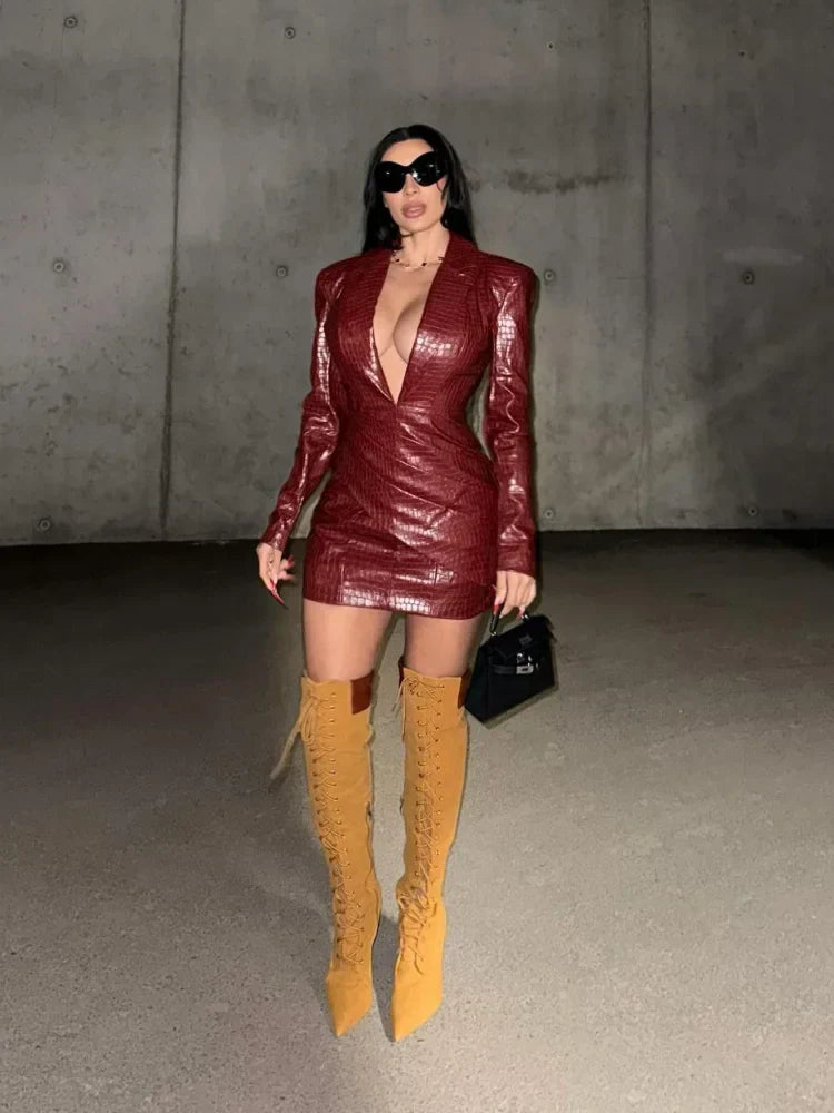 Women Attractive Deep V Red Lattice Leather Mini Dress Fashion Long Sleeve High Waist Fold Slim Dresses Lady Highstreet Short Robe