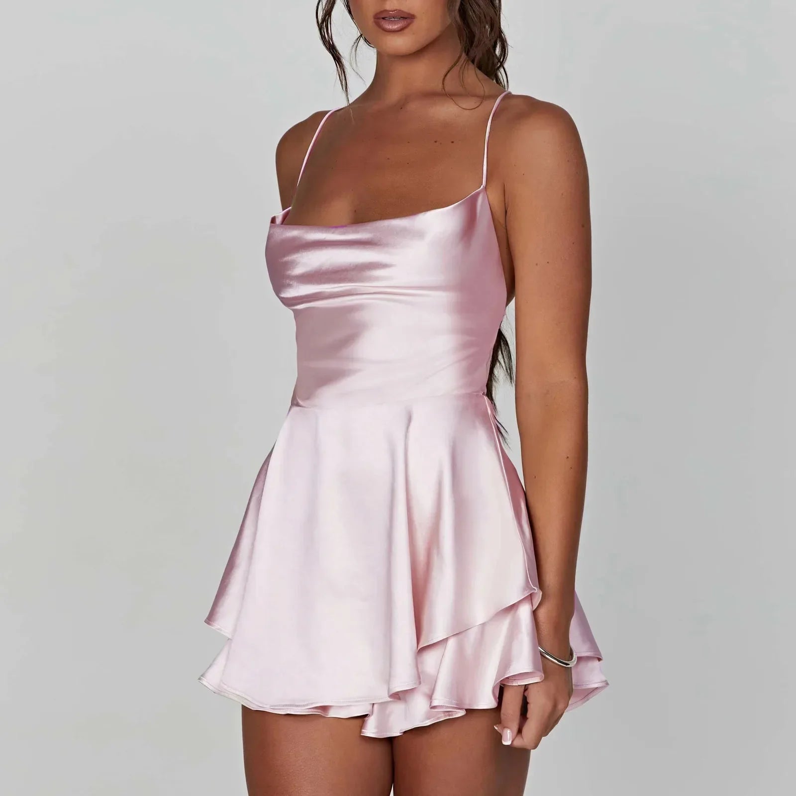 Cowl Satin Neck Tie Back Romper Mini Dress