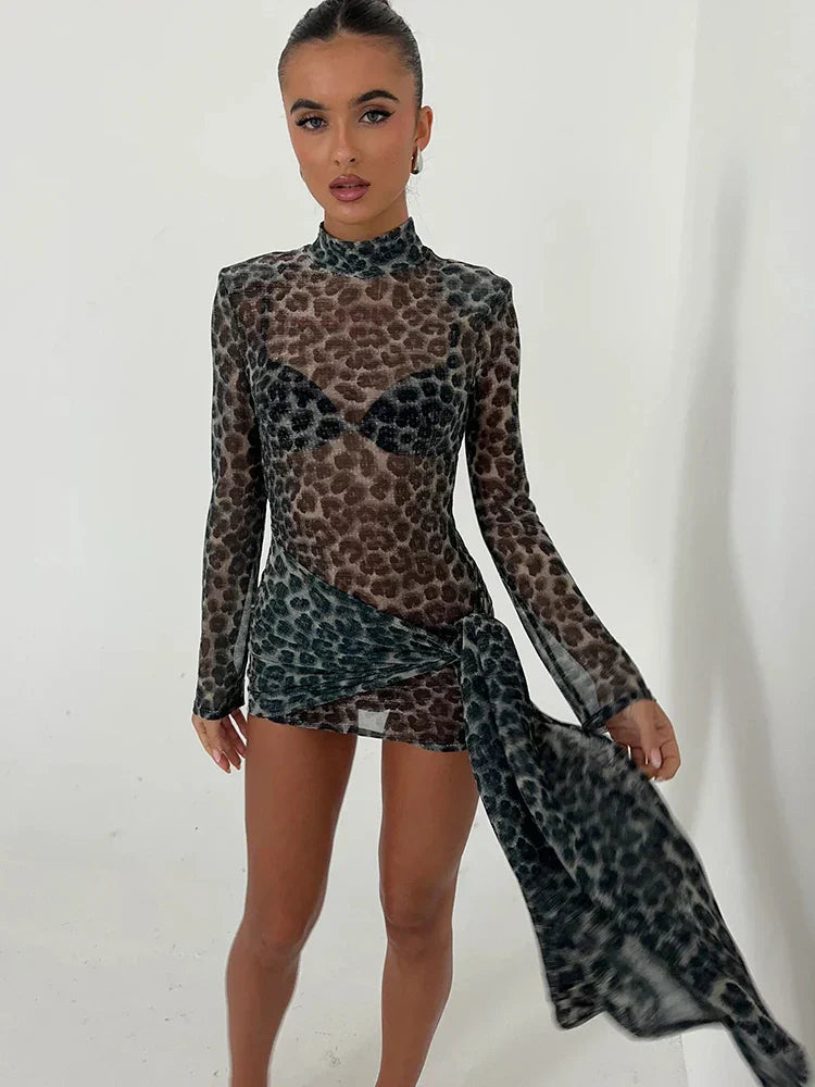 Sheer Leopard Bandage Long Sleeve Mini Dress