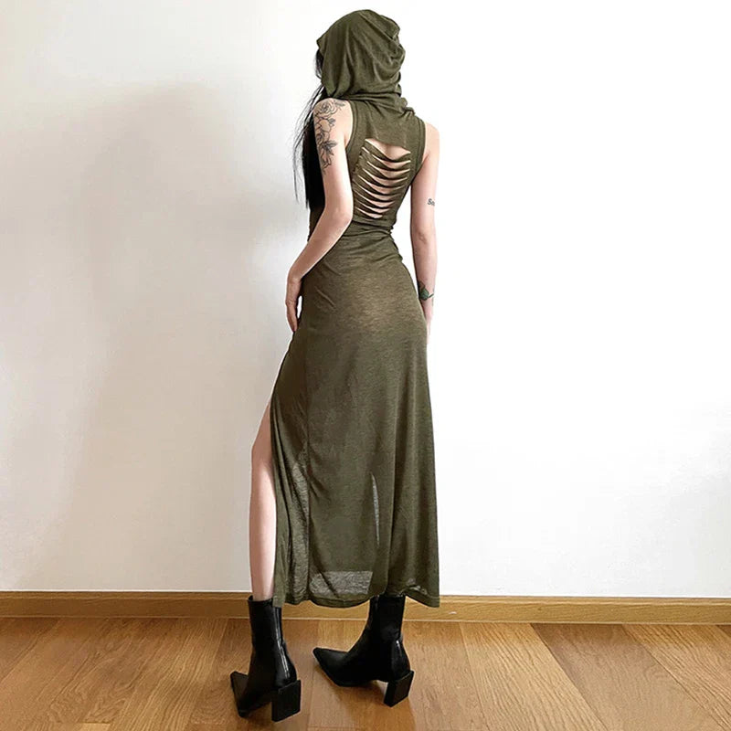 Back Hollow Slit Hooded Midi Dress