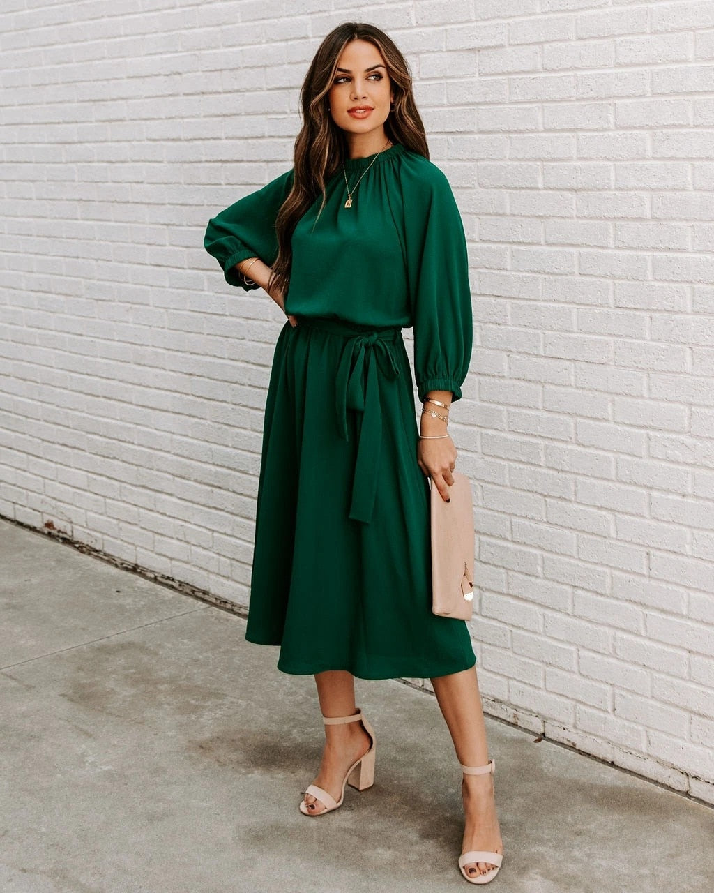 Refined Office Dress Formal Loose Green Long Sleeve Belt ALine Midi Dresses