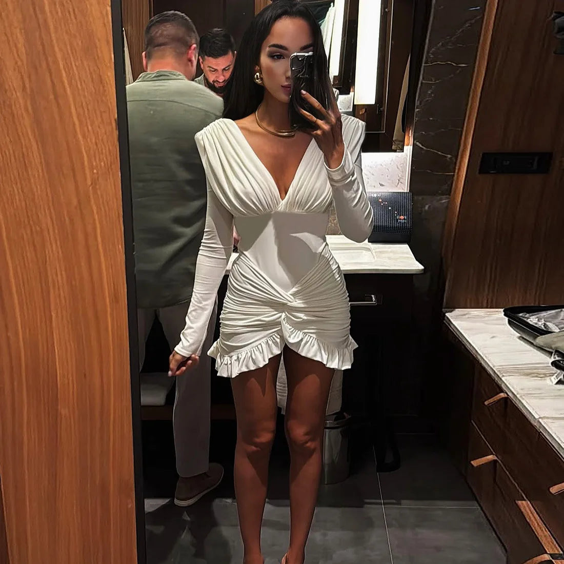 Autumn Cross Ruffle Trim Mini Dress Simple Solid V neck Ruched Full Sleeve Body shaping Frock Female Traditional Street Vestido