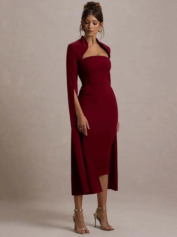Long Cape Sleeve Back Slit Midi Dress
