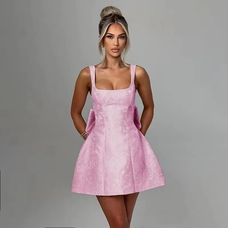 Bow Jacquard Strapless Backless Mini Dress