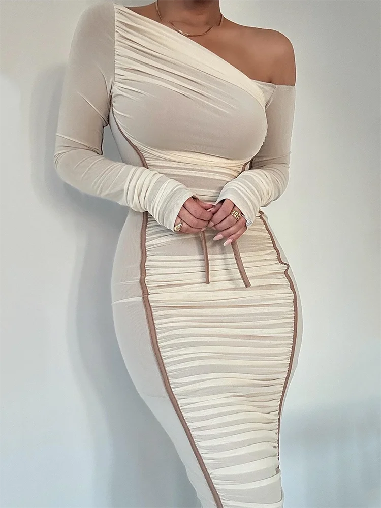 Collar Diagonal Long Sleeve Midi Dress