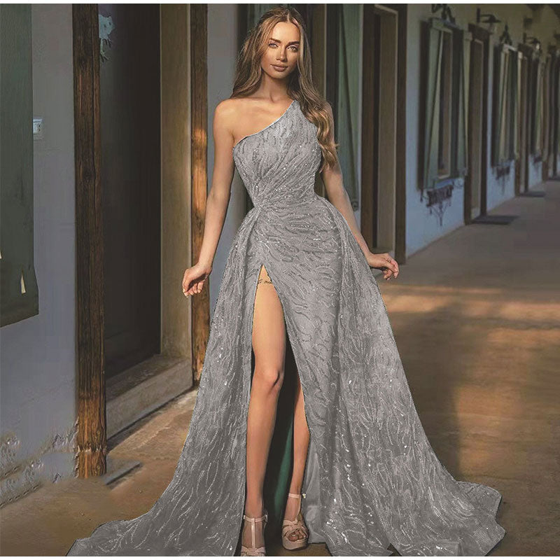Kissnovaa - Sequin Off Shoulder High Split Inclined Shoulder Dress