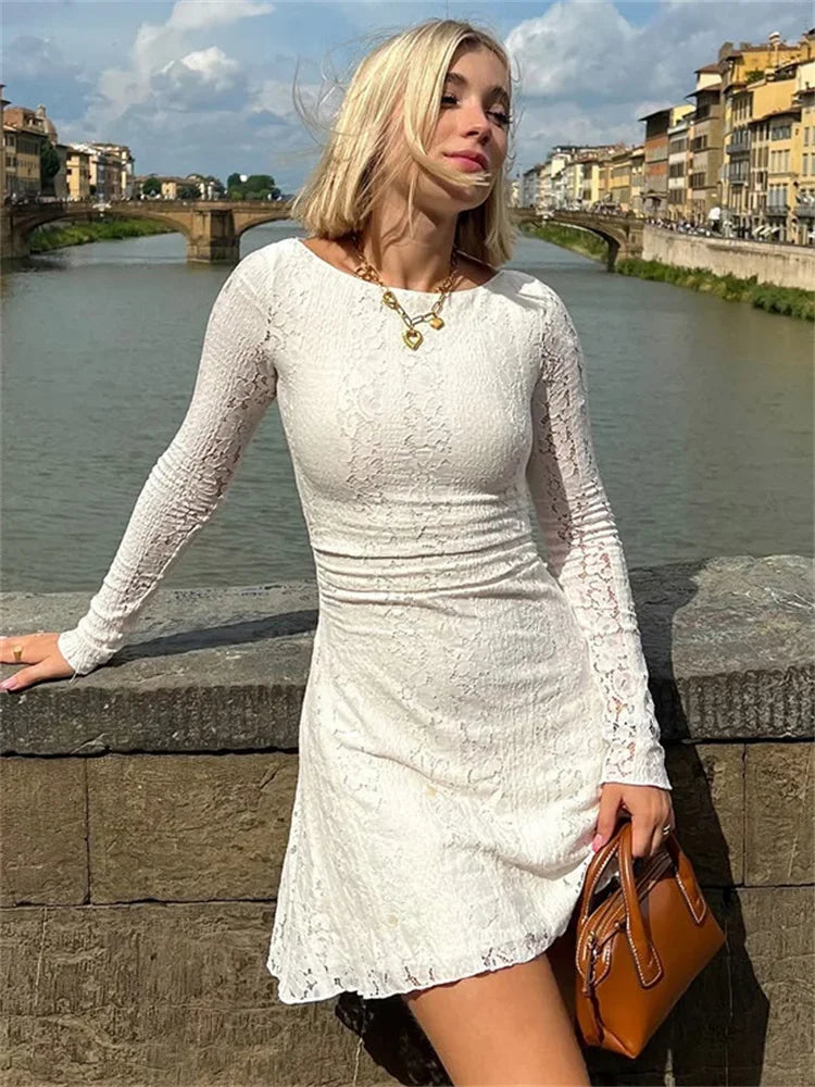White Lace See Through Mini Dress For Women Fashion High Waist Patchwork Slim Graceful Party Dress Gown Ladies Solid Dress