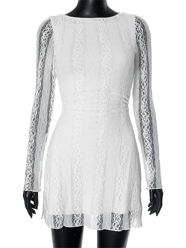 White Lace See Through Mini Dress For Women Fashion High Waist Patchwork Slim Graceful Party Dress Gown Ladies Solid Dress
