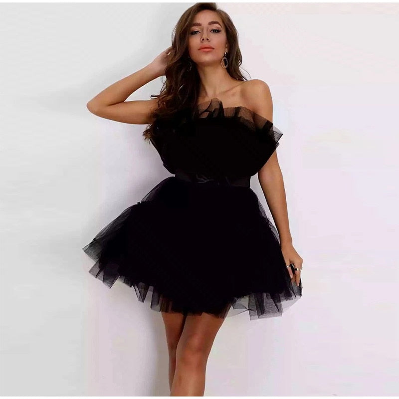 Kissnovaa - Off Shoulder Mesh Tutu Dress Bodycon Lace Short Dress