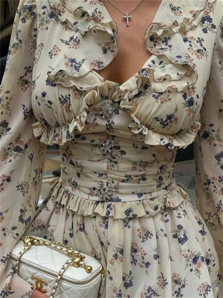 Ruffled TAVIMART V Neck Printed Mini Dress Female Bandage Autumn Fashion Lace Up Contrast Drawstring Dress For Women Party Dress