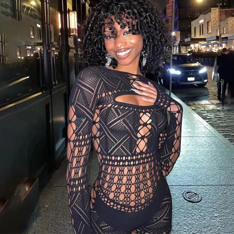 V Deep Lace Tight Hollow Party Mini Dress