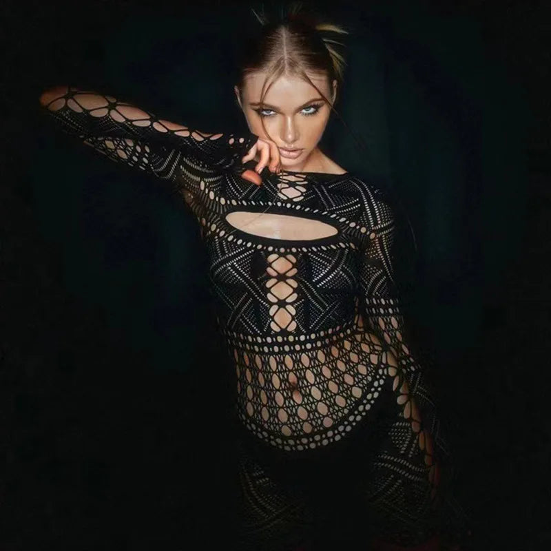 V Deep Lace Tight Hollow Party Mini Dress