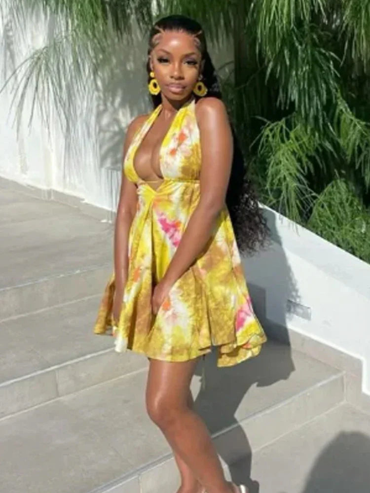 Halter TieDye Ruffle Hem Bandage Mini Dress