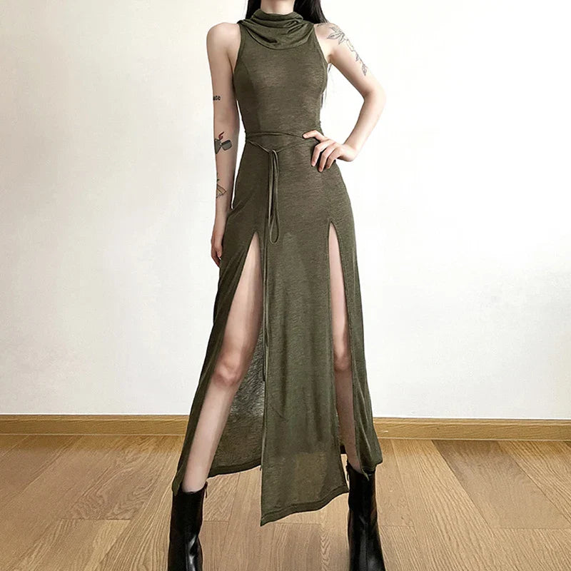 Back Hollow Slit Hooded Midi Dress