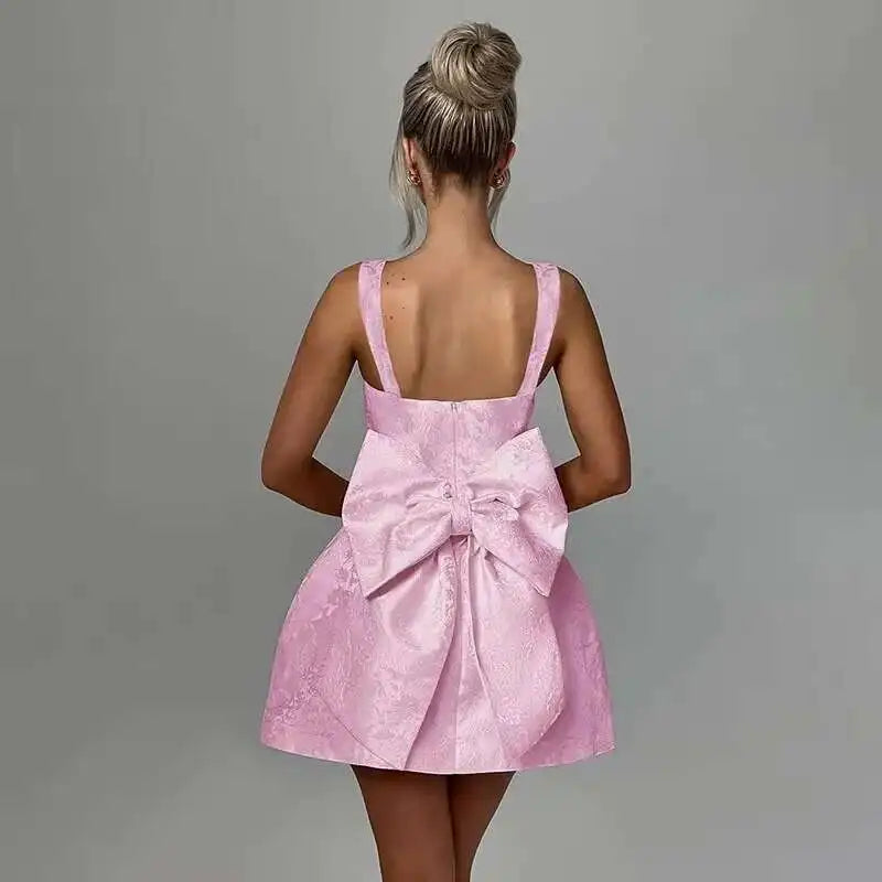 Backless Bow Jacquard A Line Mini Dress