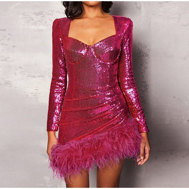 Kissnovaa - Sexy Sequined Feather Square Collar Bodycon Dress