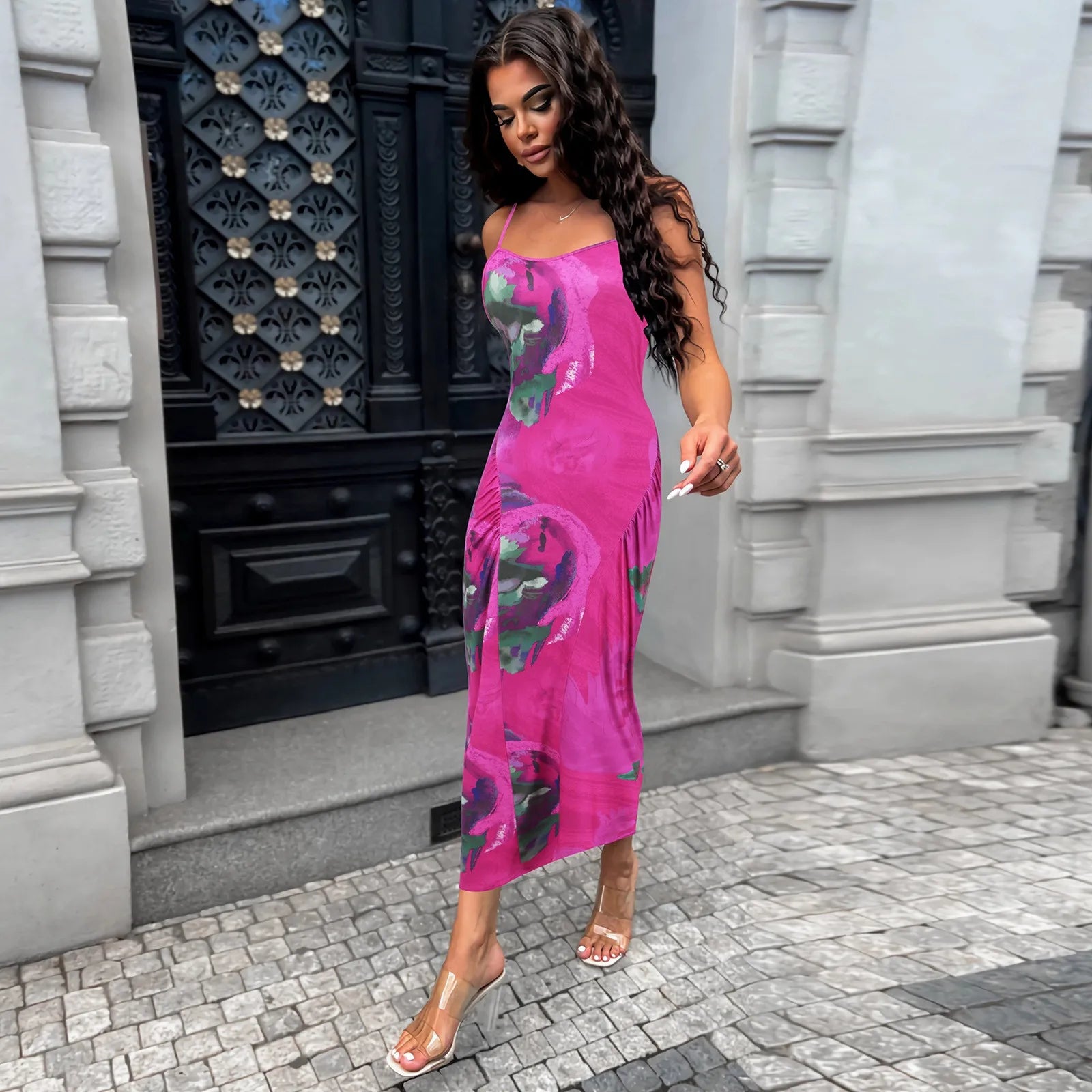 Fit Slim Bag Hip Print Long Sleeve Midi Dress