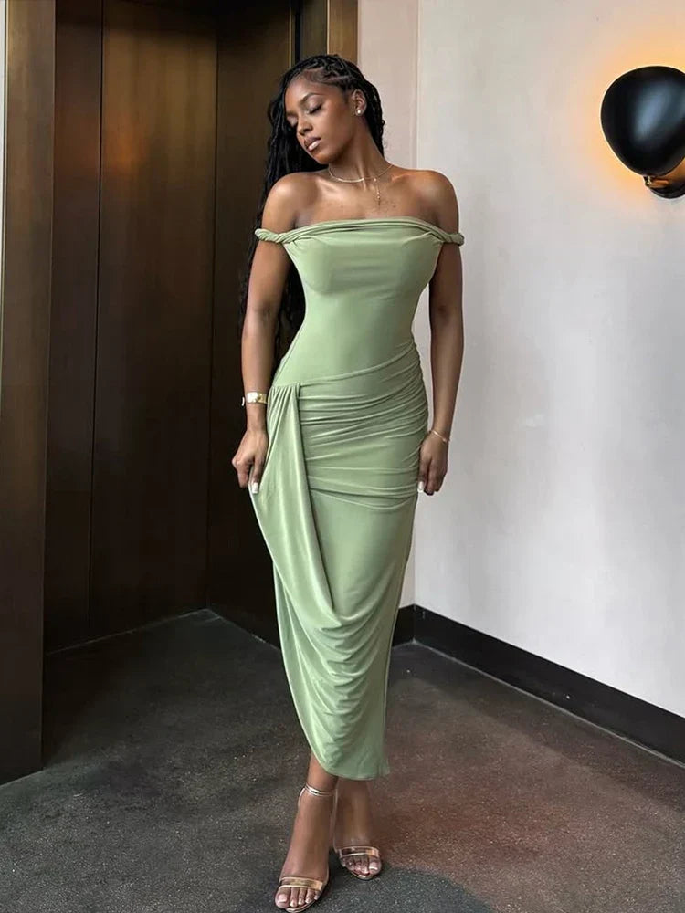 Off Ruched Shoulder Slim Midi Dress